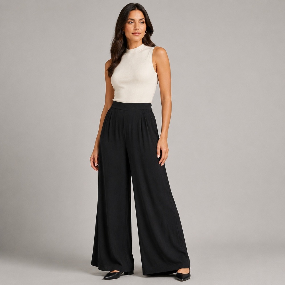 Halogen Black Wide Leg Trousers Pants Women Size Large 100% Viscose Flowy